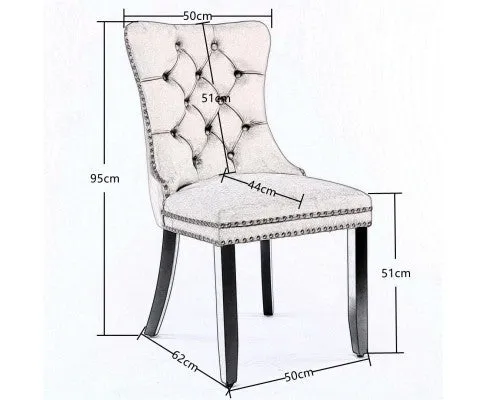 2x Velvet Dining Chairs Upholstered Tufted Kithcen Chair with Solid Wood Legs Stud Trim and Ring-Beige