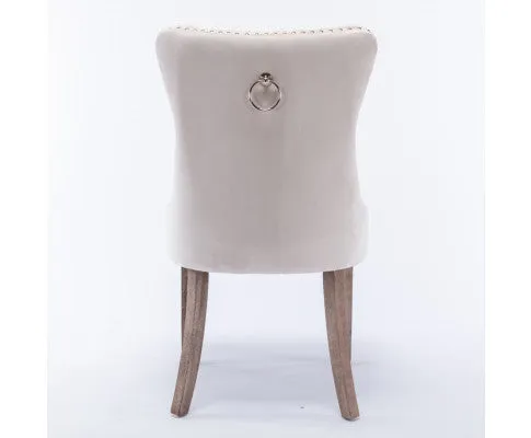 2x Velvet Dining Chairs Upholstered Tufted Kithcen Chair with Solid Wood Legs Stud Trim and Ring-Beige