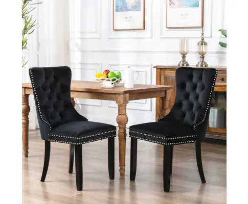 2x Velvet Dining Chairs Upholstered Tufted Kithcen Chair with Solid Wood Legs Stud Trim and Ring-Black