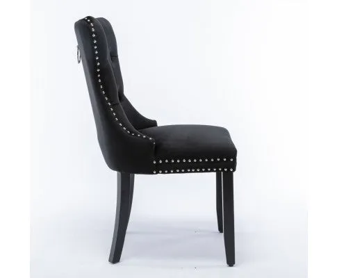 2x Velvet Dining Chairs Upholstered Tufted Kithcen Chair with Solid Wood Legs Stud Trim and Ring-Black