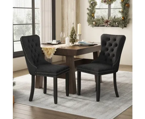 2x Velvet Dining Chairs Upholstered Tufted Kithcen Chair with Solid Wood Legs Stud Trim and Ring-Black