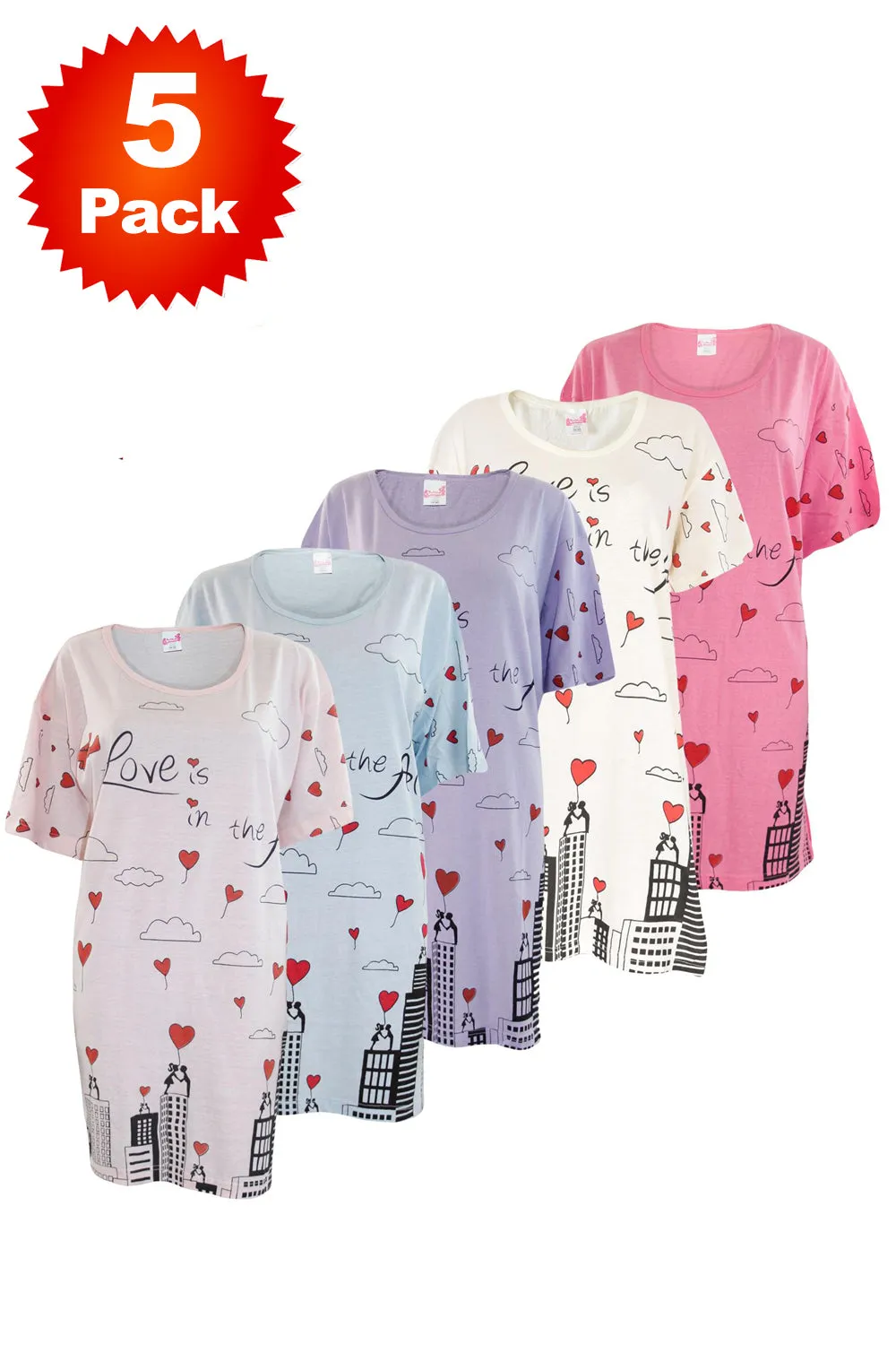 5 Pack Ladies Short Sleeve Cotton Night Shirt