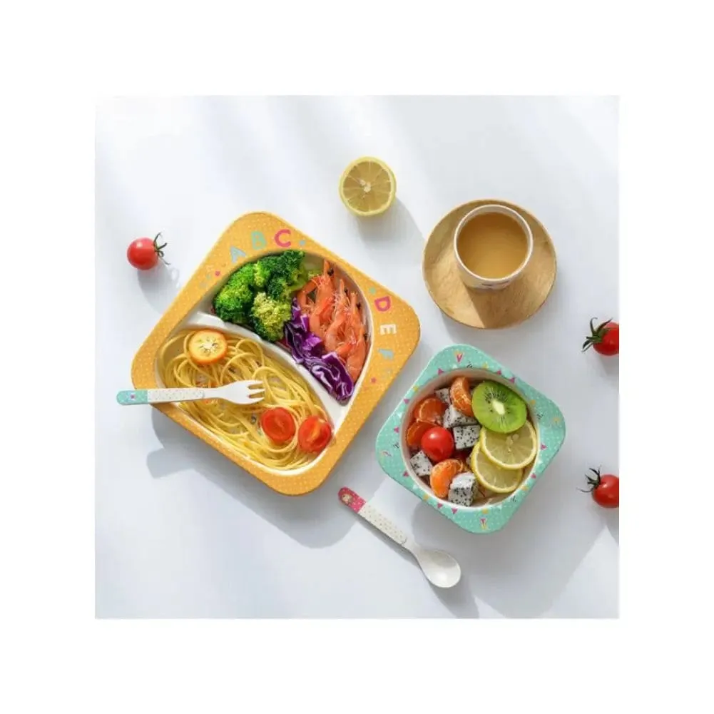 5PCS kids plate and bowl set for Healthy Mealtime, Bamboo Children Dinner Set with Plate, Bowl, Cup, Fork and Spoon, BPA Free Dishwasher Safe, Deer