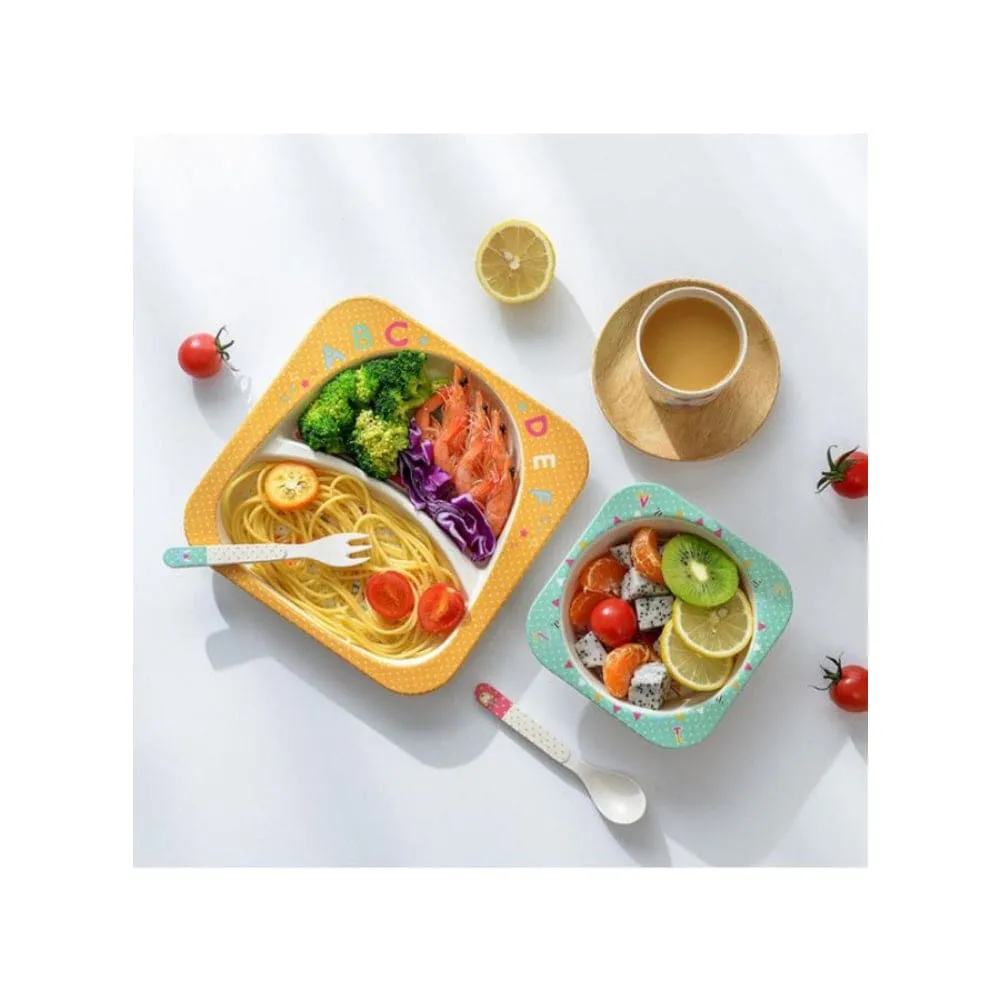 5PCS Unbreakable Kids Cutlery Set for Healthy Mealtime, Bamboo Children Dinner Set with Plate, Bowl, Cup, Fork and Spoon, BPA Free Dishwasher Safe, Crocodile