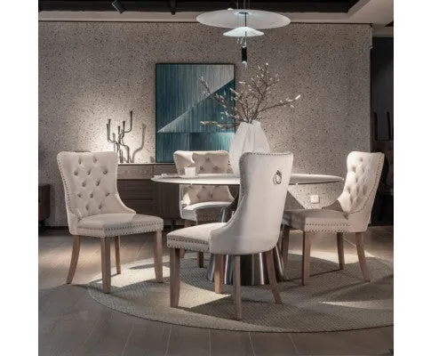 8x Velvet Dining Chairs Upholstered Tufted Kithcen Chair with Solid Wood Legs Stud Trim and Ring-Beige