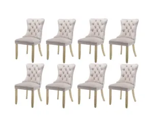 8x Velvet Dining Chairs Upholstered Tufted Kithcen Chair with Solid Wood Legs Stud Trim and Ring-Beige