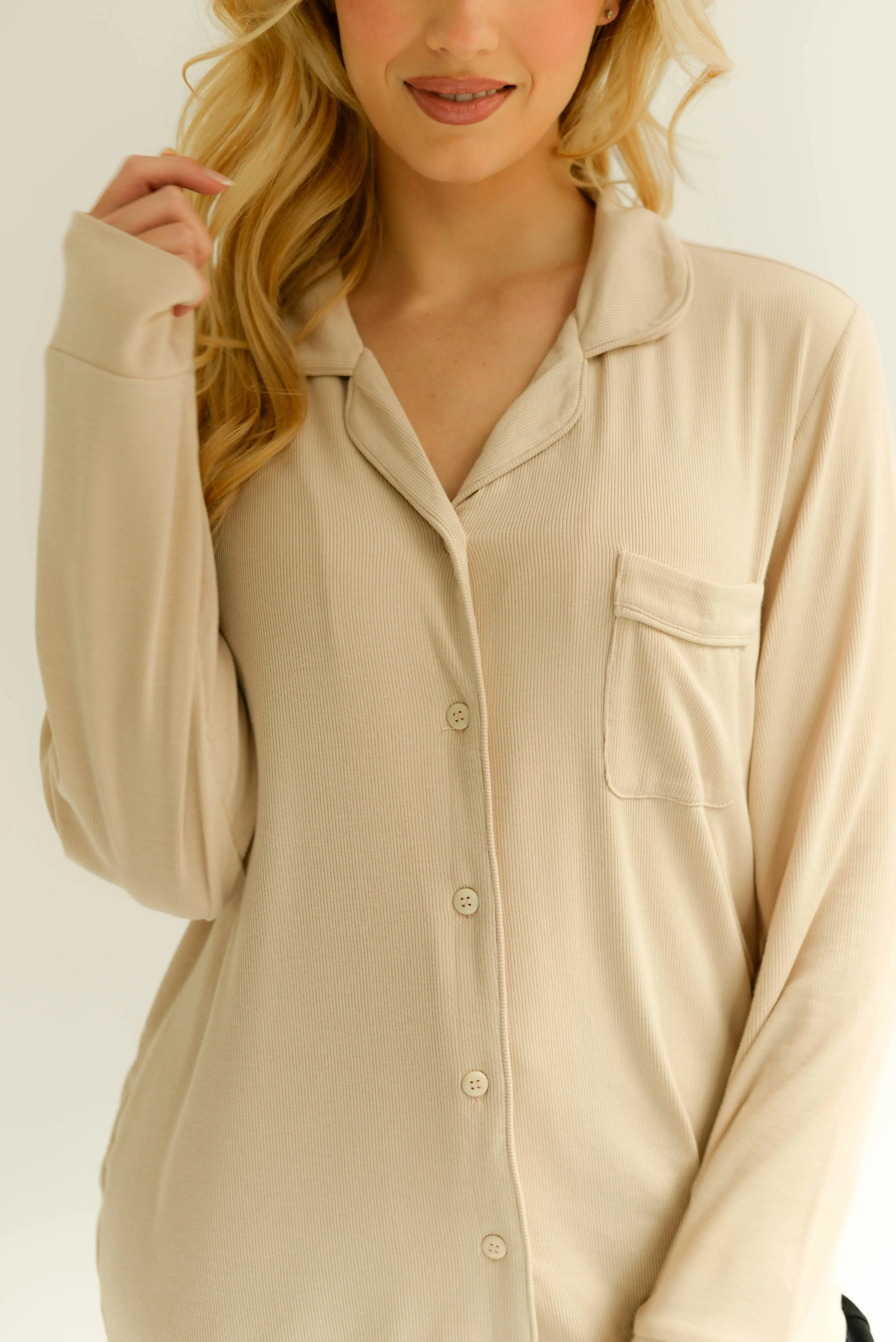 Almond Nude Rib Knit Bamboo Pyjama Set