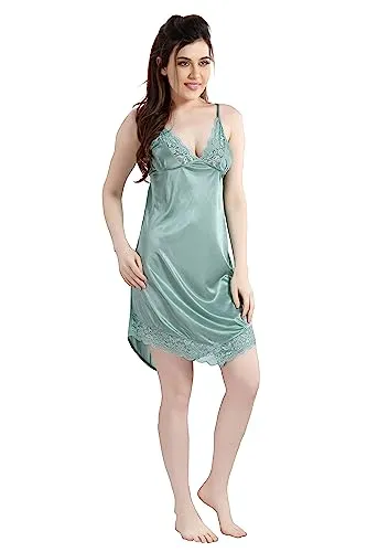 AV2 Women's Satin Knee Length Plain/Solid Nighty (1381PISTAF, Pista, Free Size)