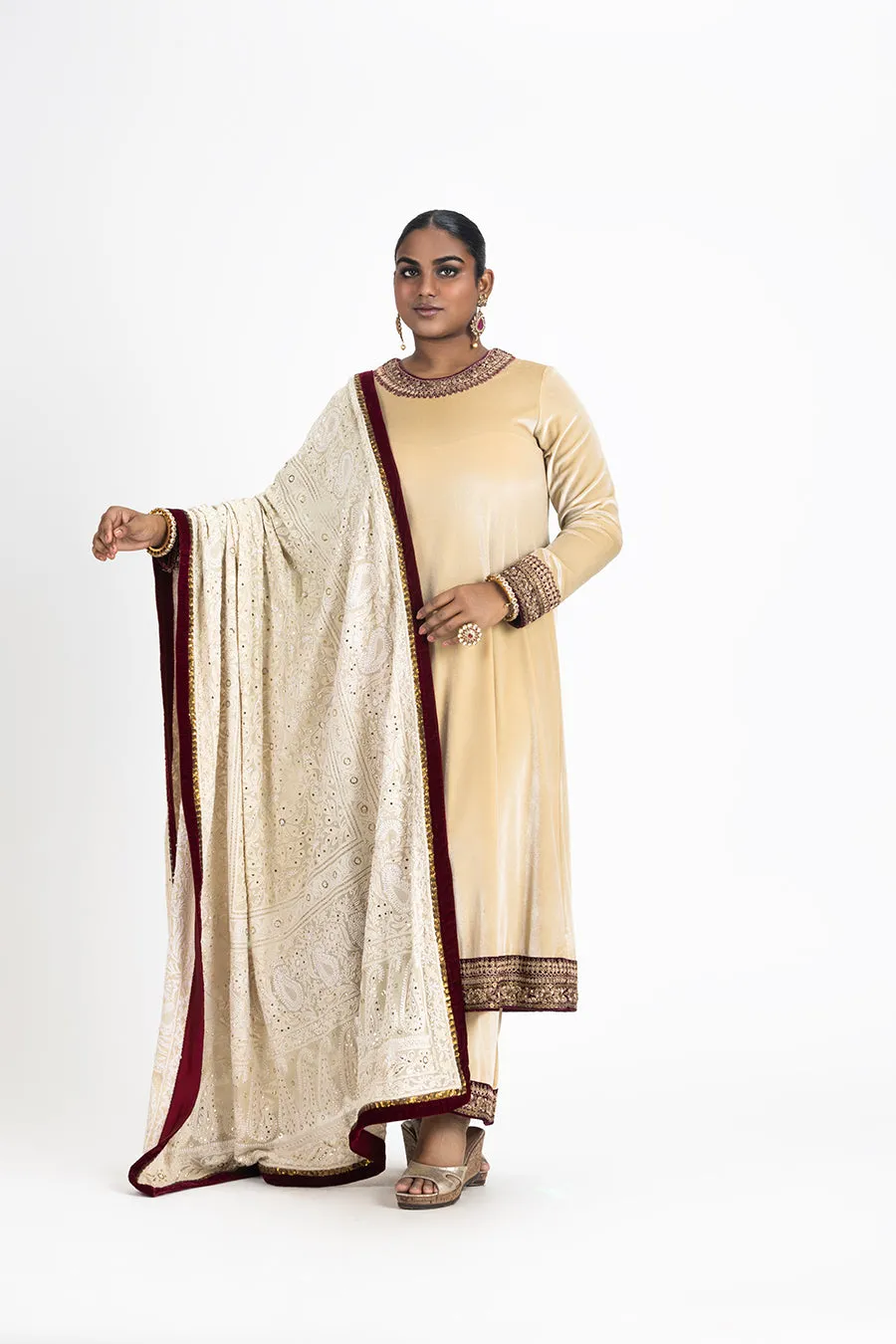 BEIGE VELVET KURTA PALAZZO WITH CHIKANKARI DUPATTA