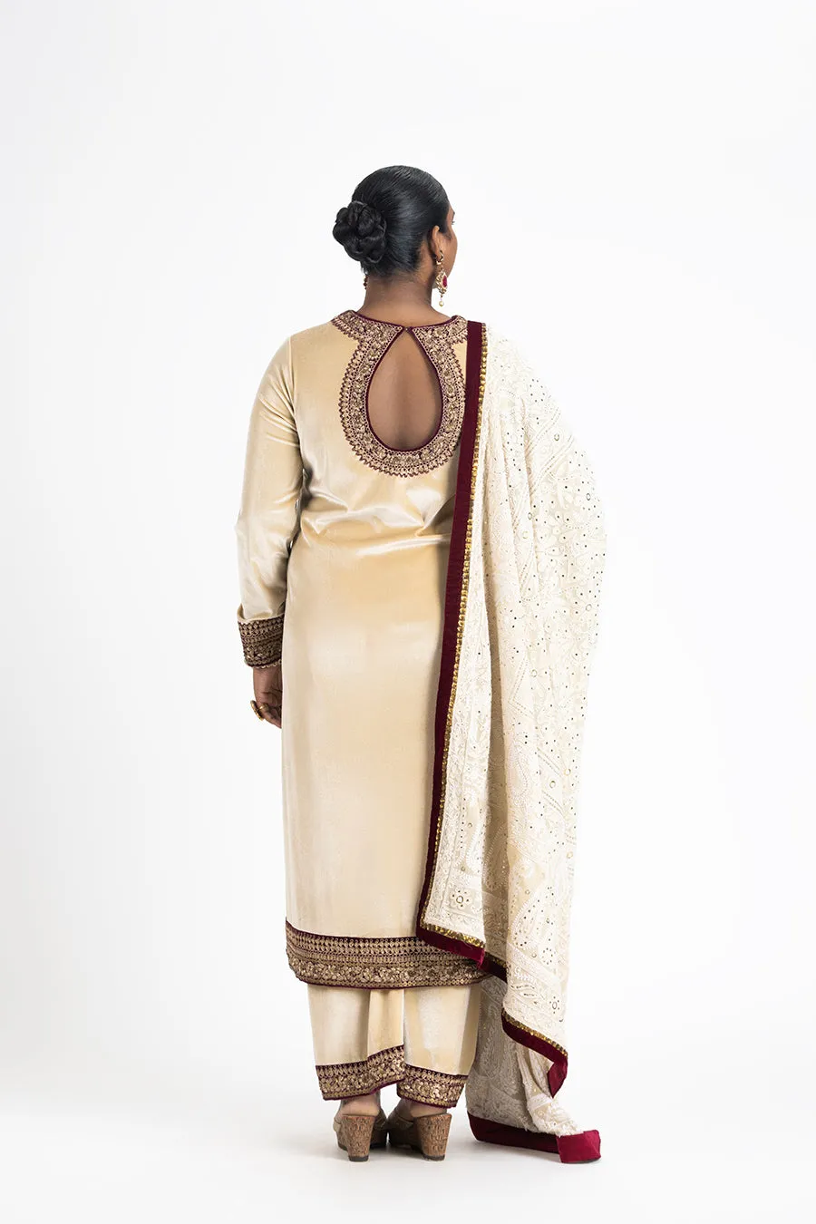 BEIGE VELVET KURTA PALAZZO WITH CHIKANKARI DUPATTA