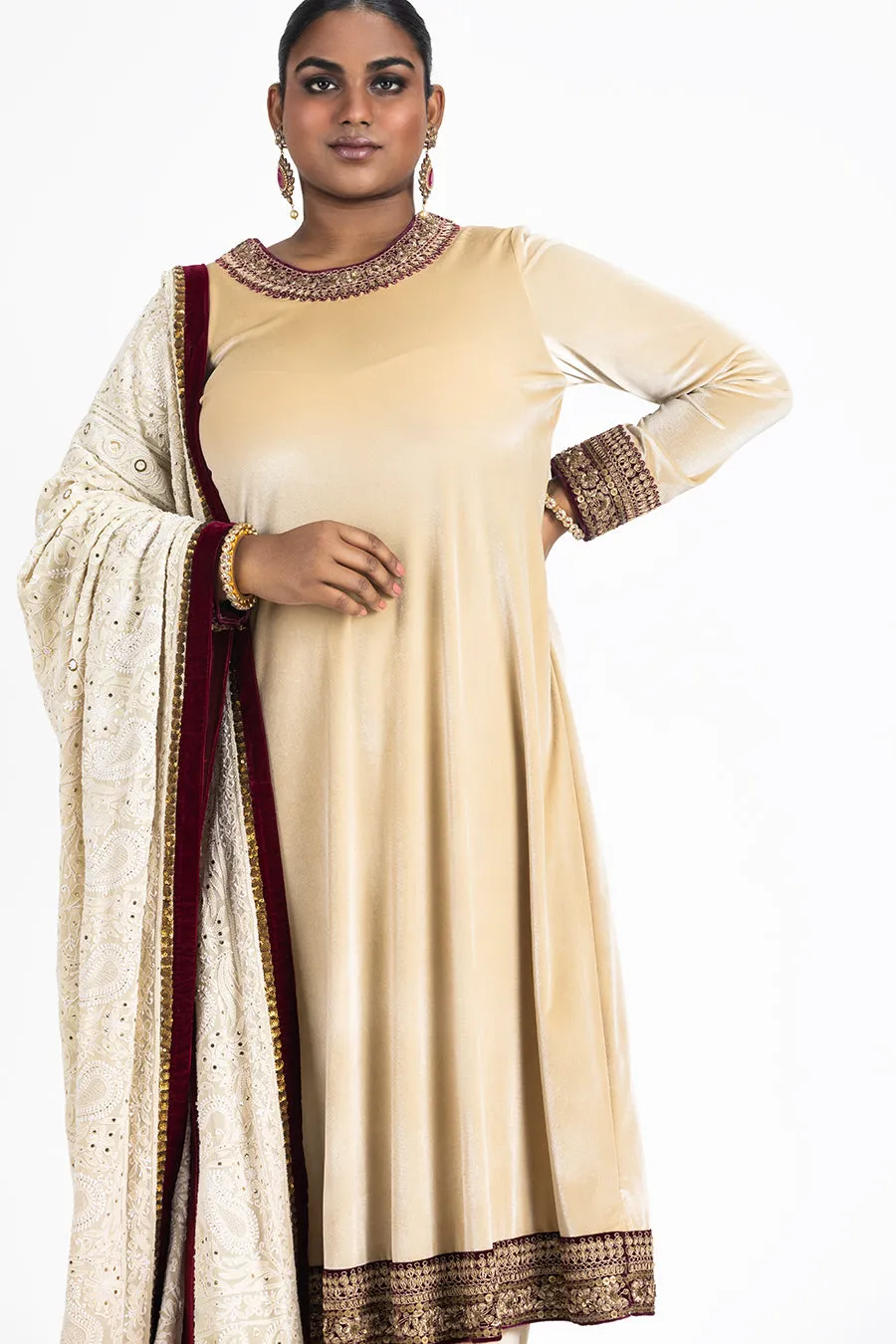 BEIGE VELVET KURTA PALAZZO WITH CHIKANKARI DUPATTA