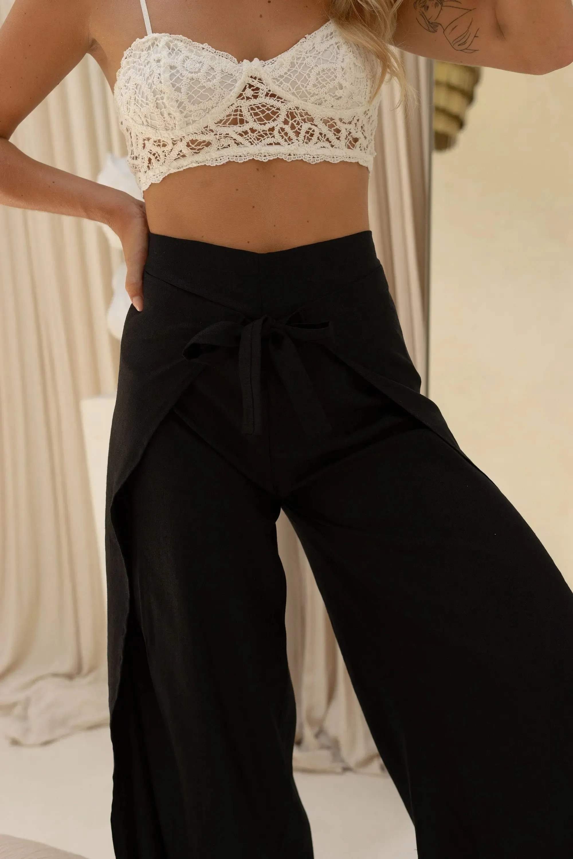 Black Linen Wrap Around Women's Trousers