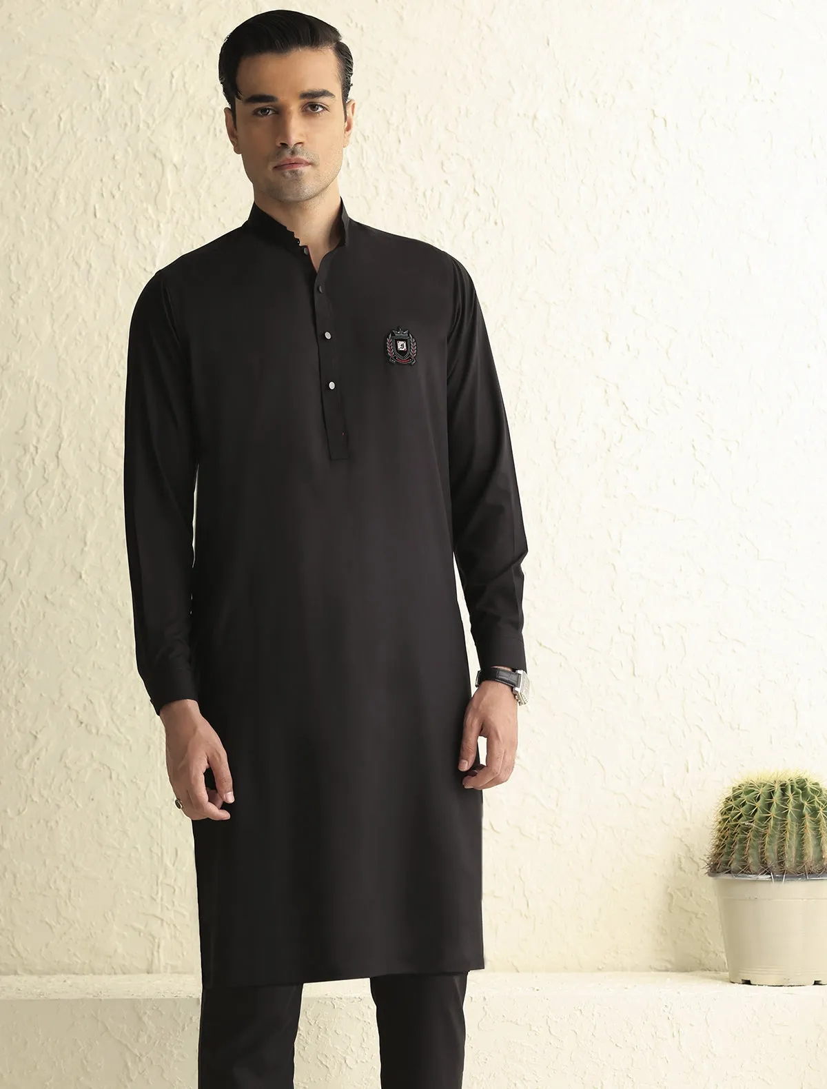 BLACK MANDARIN COLLAR- REVIT DETAILED KURTA PAJAMA-S