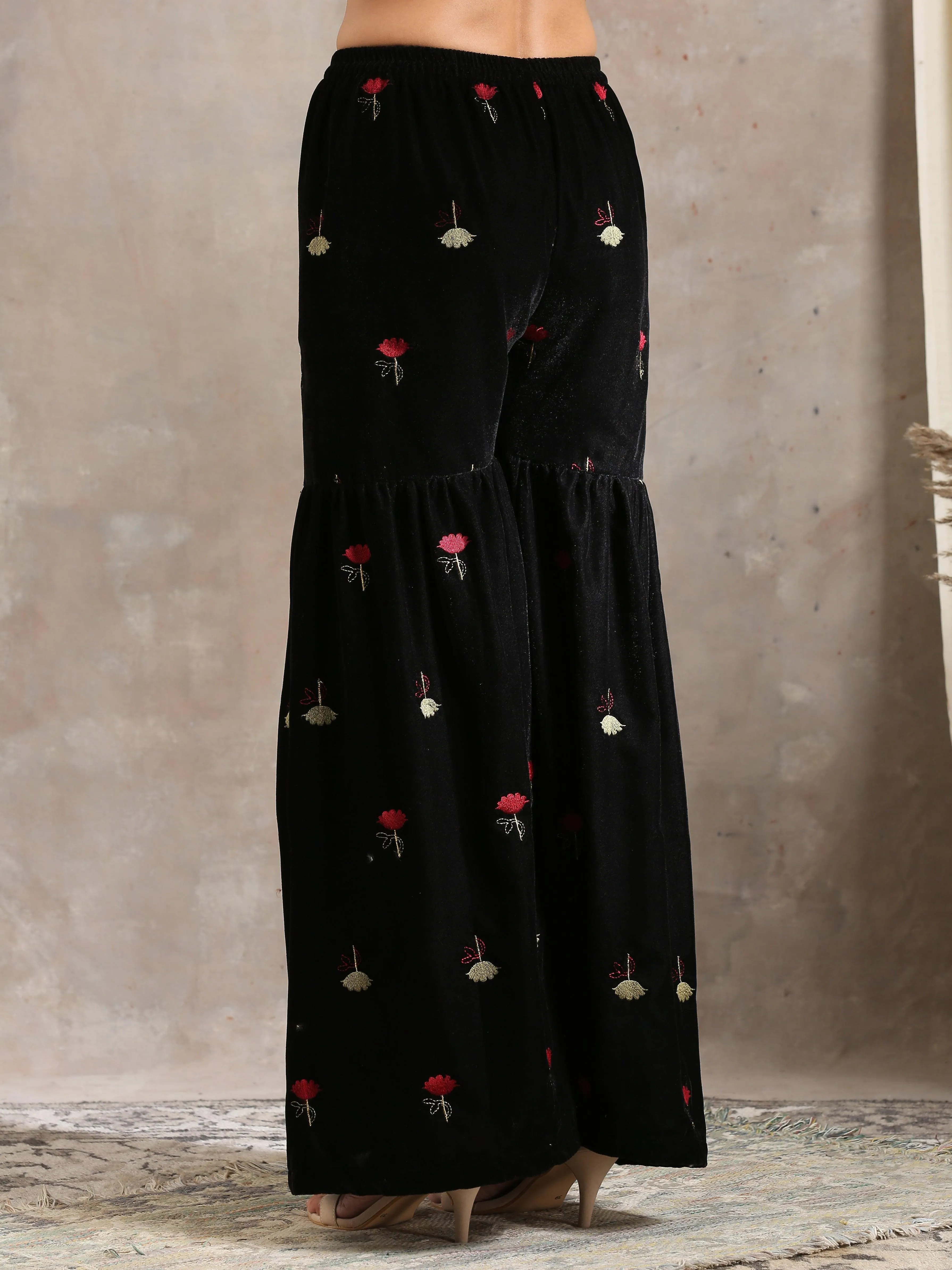 Black Velvet Embroidered Kurta Sharara Set