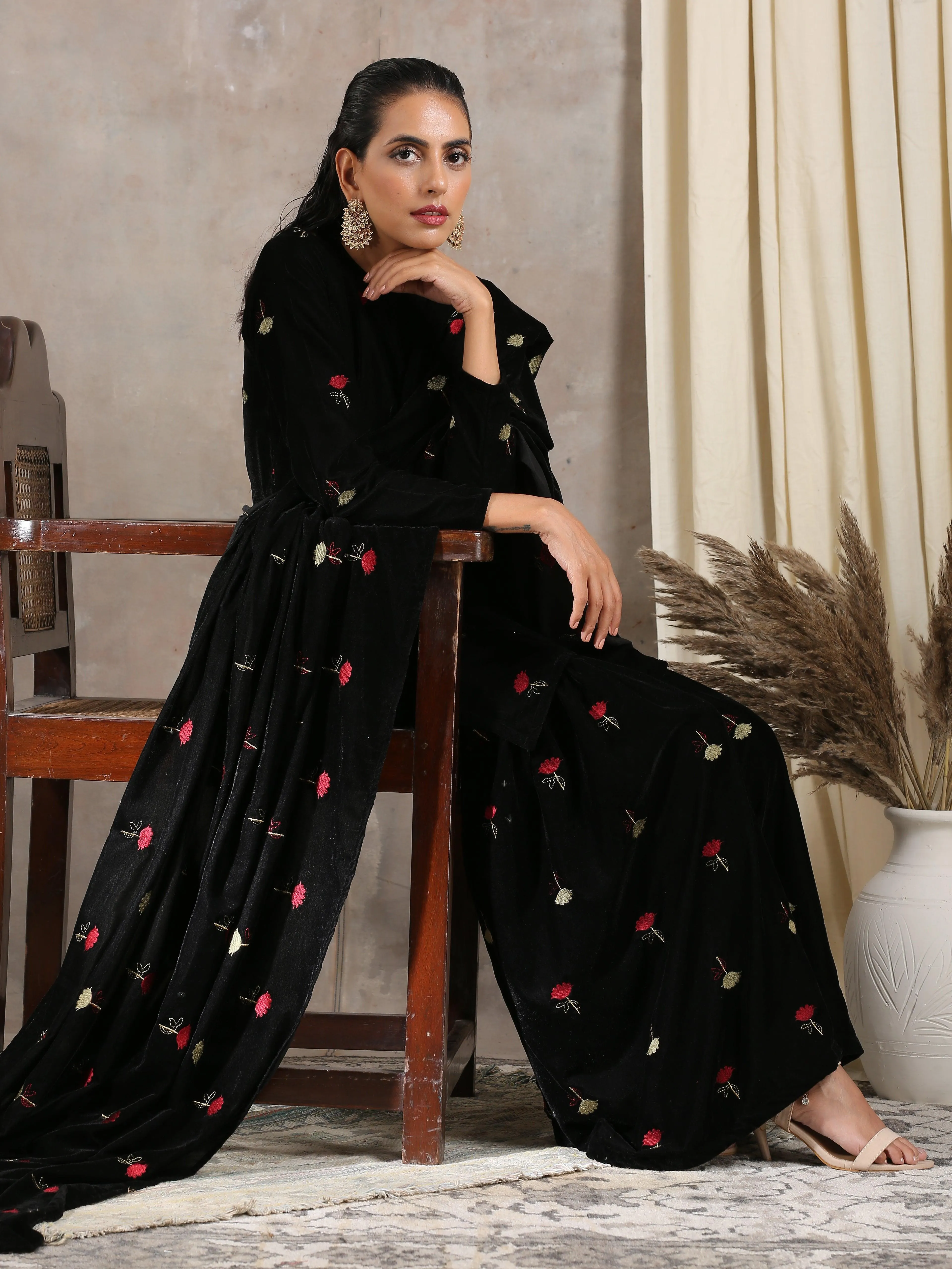 Black Velvet Embroidered Kurta Sharara Set