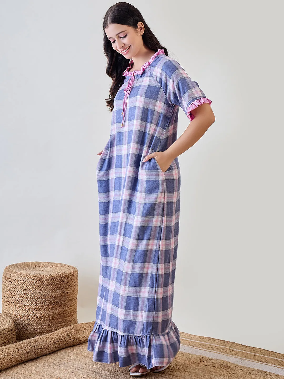 Blue and Pink Checkered Viscose Nightdress With Pink Satin Ruffle Detail