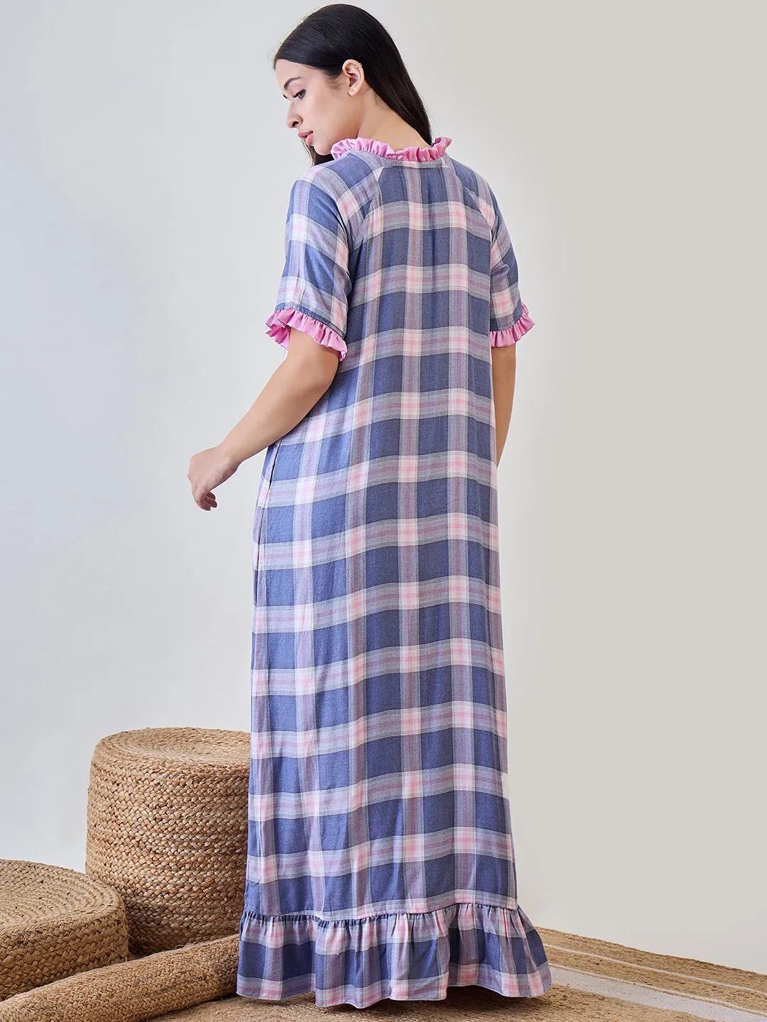 Blue and Pink Checkered Viscose Nightdress With Pink Satin Ruffle Detail