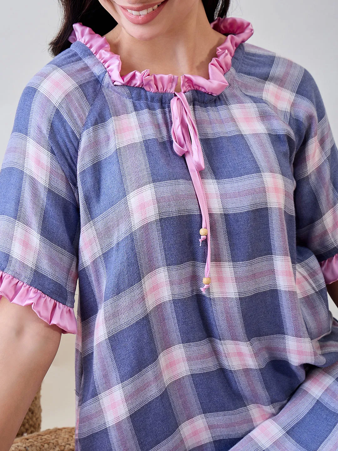 Blue and Pink Checkered Viscose Nightdress With Pink Satin Ruffle Detail