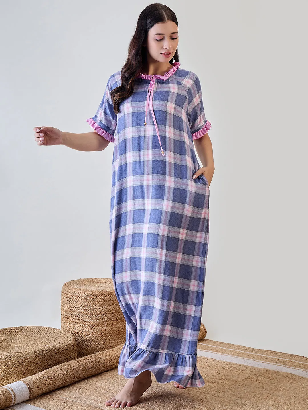 Blue and Pink Checkered Viscose Nightdress With Pink Satin Ruffle Detail