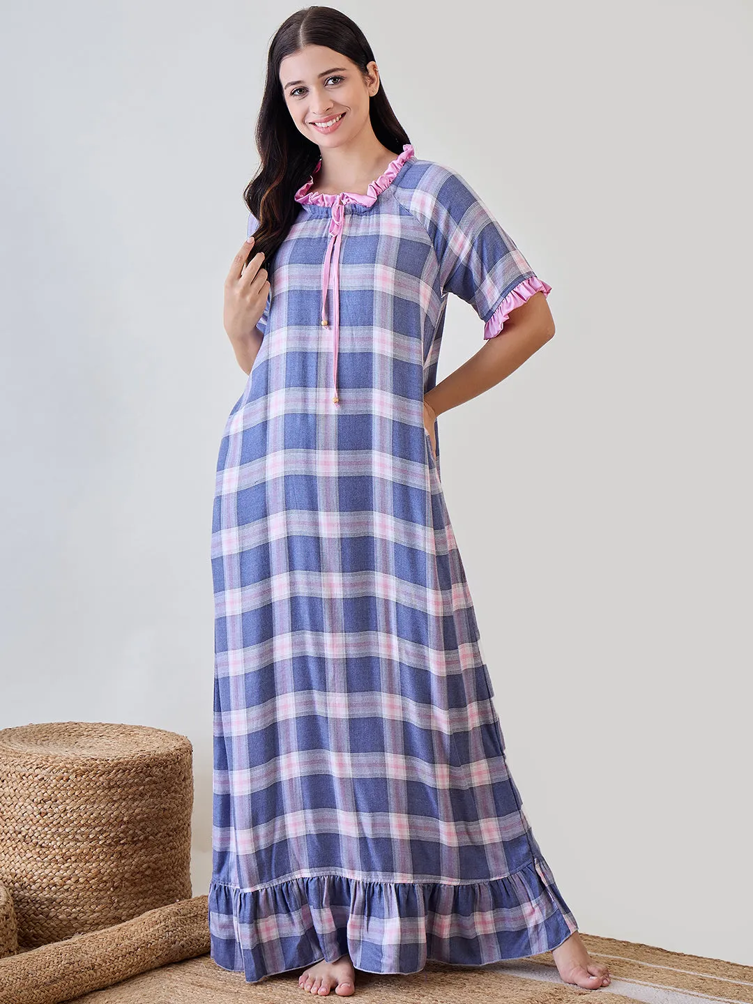 Blue and Pink Checkered Viscose Nightdress With Pink Satin Ruffle Detail