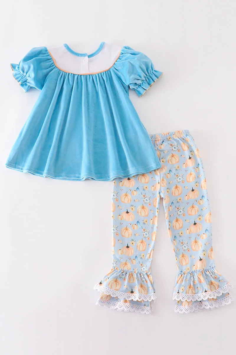 Blue velvet pumpkin embroidery girl set