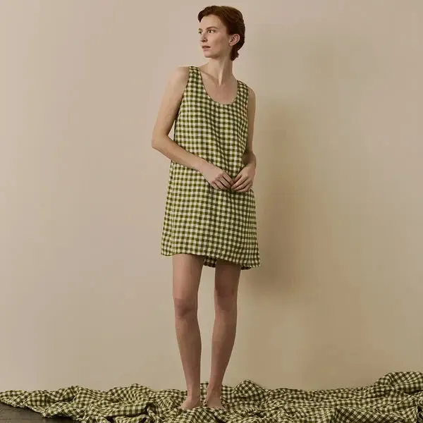 Botanical Green Gingham Linen Nightdress