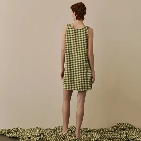 Botanical Green Gingham Linen Nightdress