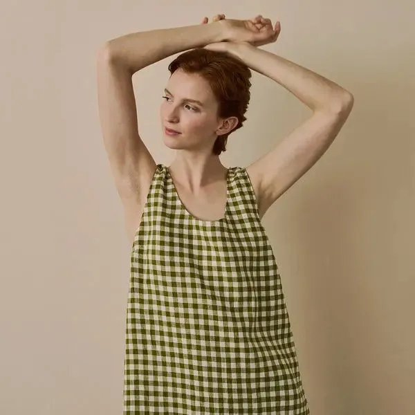 Botanical Green Gingham Linen Nightdress