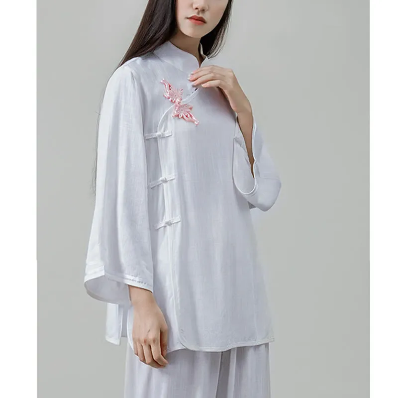 Buddha Stones 2Pcs Tang Suit Frog-Button Shirt Top Pants Meditation Tai Chi Cotton Linen Women's Set