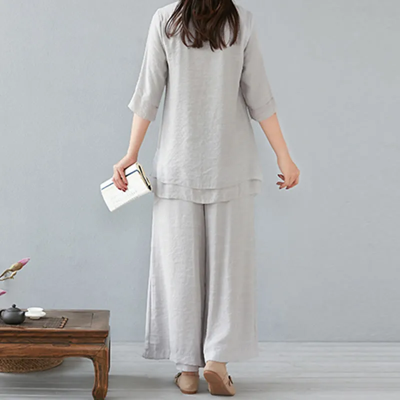 Buddha Stones 2Pcs Three Quarter Sleeve Long Sleeve Shirt Wide Leg Pants Meditation Cotton Linen Clothing Women's Set