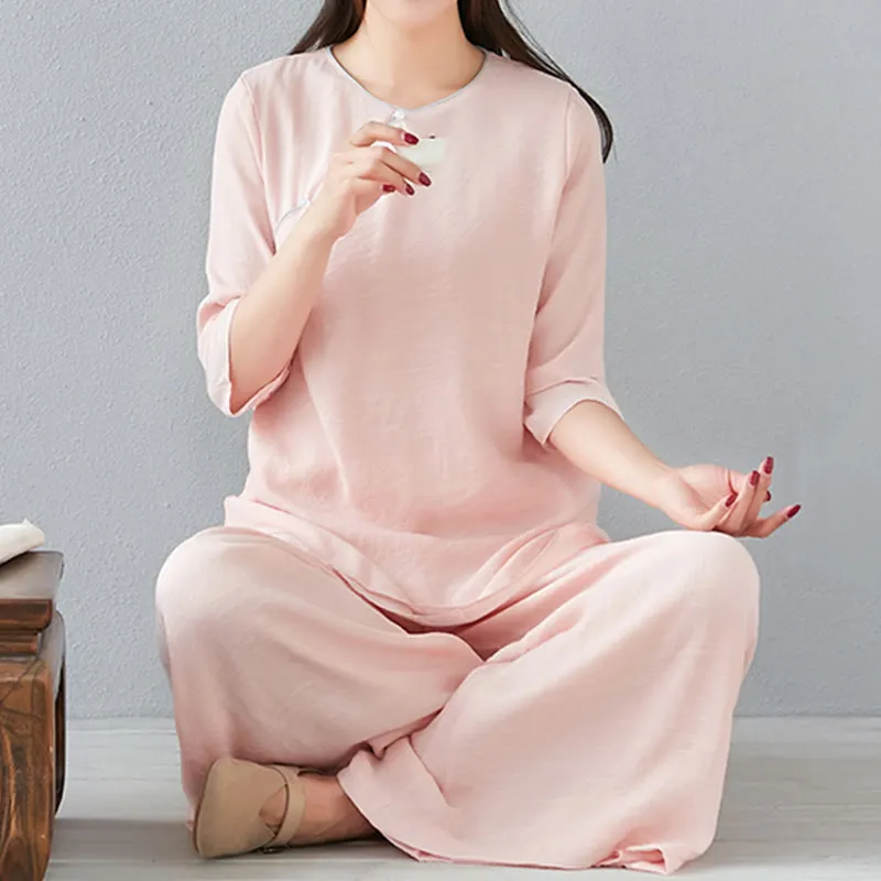 Buddha Stones 2Pcs Three Quarter Sleeve Long Sleeve Shirt Wide Leg Pants Meditation Cotton Linen Clothing Women's Set