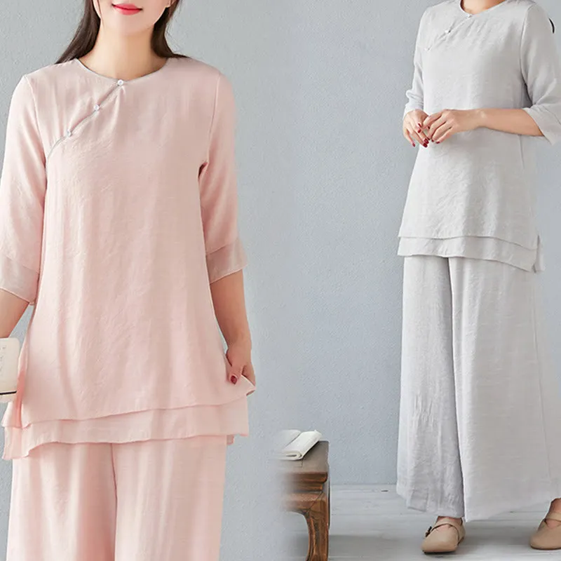 Buddha Stones 2Pcs Three Quarter Sleeve Long Sleeve Shirt Wide Leg Pants Meditation Cotton Linen Clothing Women's Set