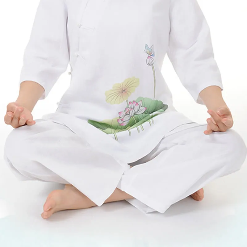 Buddha Stones 2Pcs White Lotus Flower Leaf Half Sleeve Shirt Top Pants Meditation Zen Tai Chi Linen Clothing Women's Set