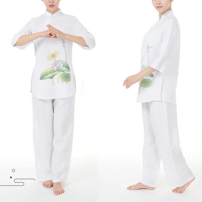 Buddha Stones 2Pcs White Lotus Flower Leaf Half Sleeve Shirt Top Pants Meditation Zen Tai Chi Linen Clothing Women's Set