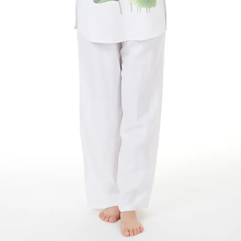 Buddha Stones 2Pcs White Lotus Flower Leaf Half Sleeve Shirt Top Pants Meditation Zen Tai Chi Linen Clothing Women's Set