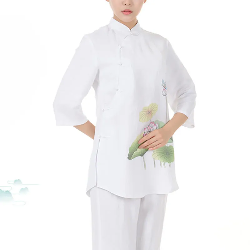 Buddha Stones 2Pcs White Lotus Flower Leaf Half Sleeve Shirt Top Pants Meditation Zen Tai Chi Linen Clothing Women's Set