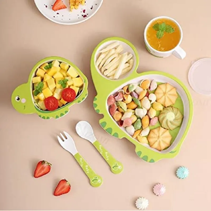 Cartoon Animal Turtle Bamboo Fiber Dinnerware Plate and Bowl Set for Kids Eco Friendly Non Toxic Self Feeding Baby Utensil Set of 5 Pcs - Multicolor