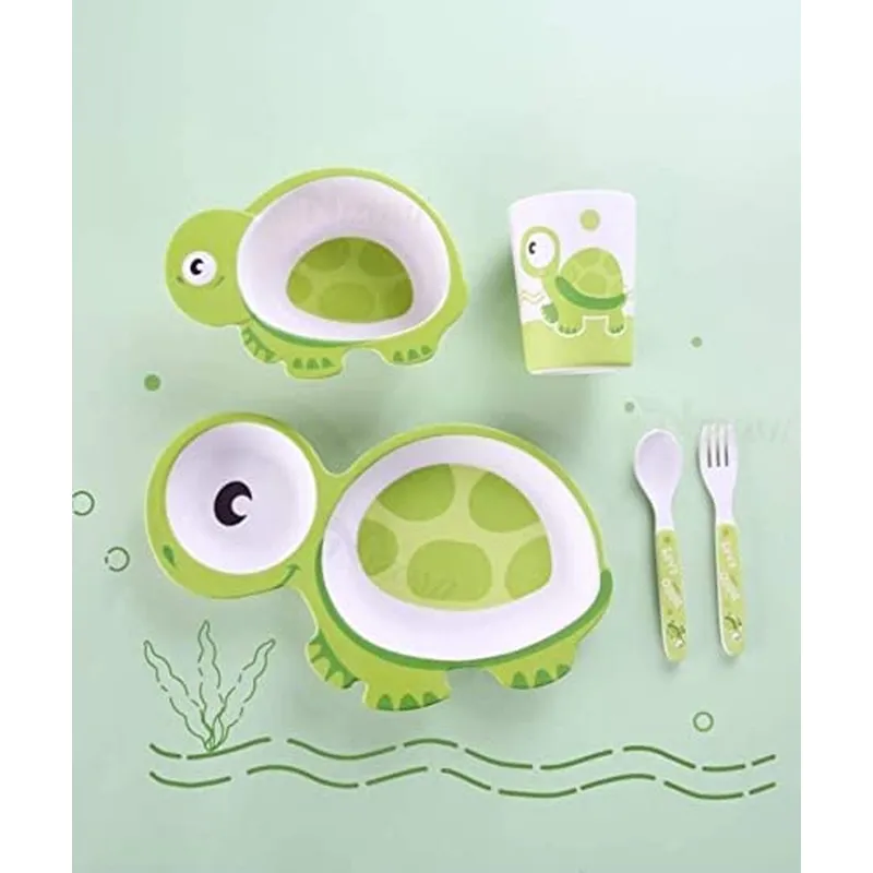 Cartoon Animal Turtle Bamboo Fiber Dinnerware Plate and Bowl Set for Kids Eco Friendly Non Toxic Self Feeding Baby Utensil Set of 5 Pcs - Multicolor