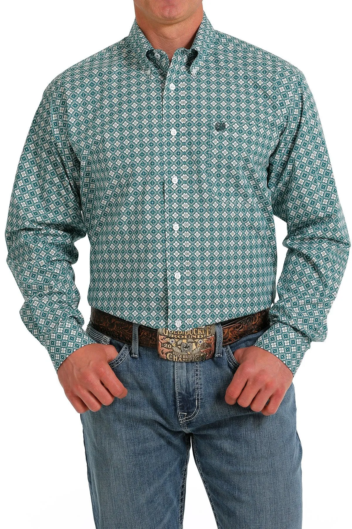 Cinch Mens Medallion Print Button Down Western Shirt - White/Green - MTW1105577