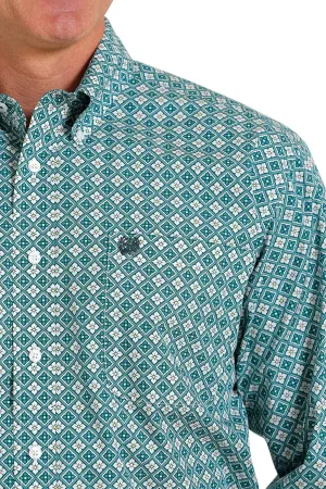 Cinch Mens Medallion Print Button Down Western Shirt - White/Green - MTW1105577