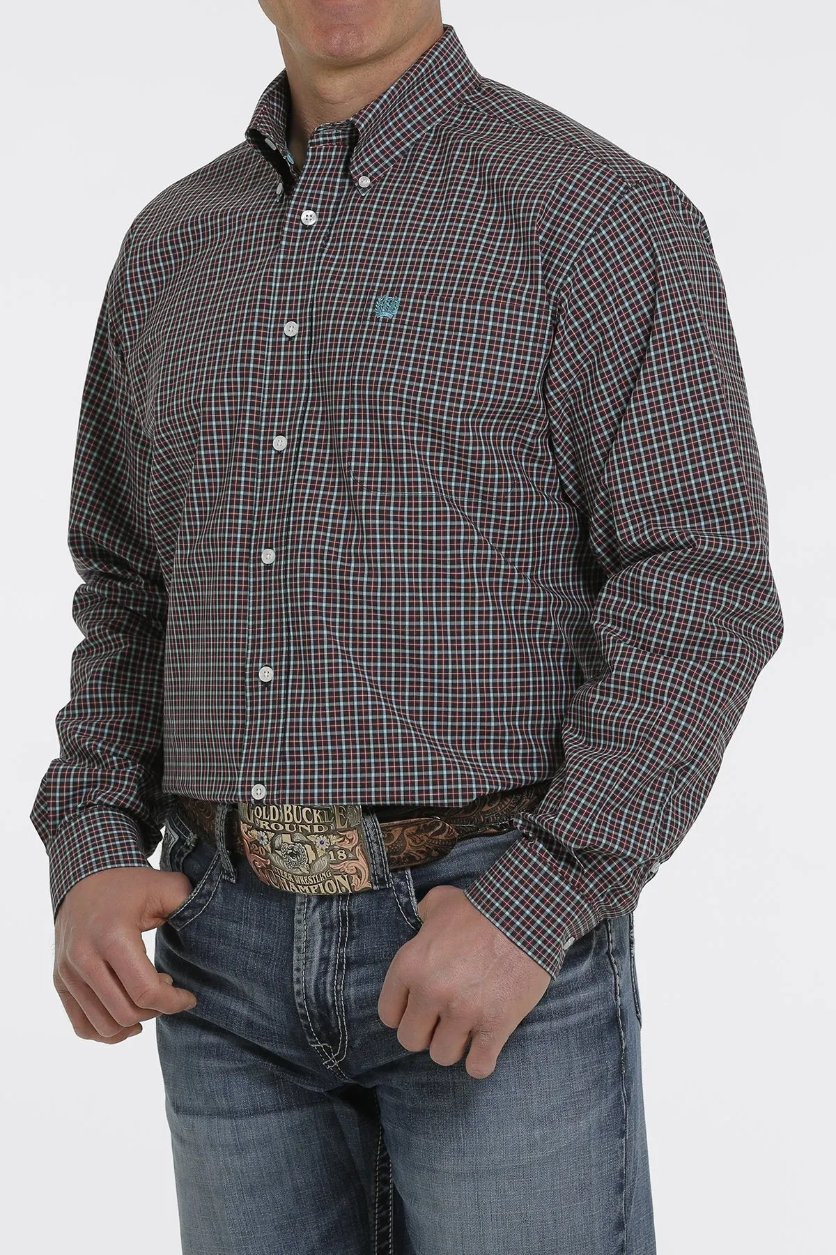 Cinch Mens Navy/ Turquoise/ Cranberry Plaid Cotton L/S Shirt - MTW1105360