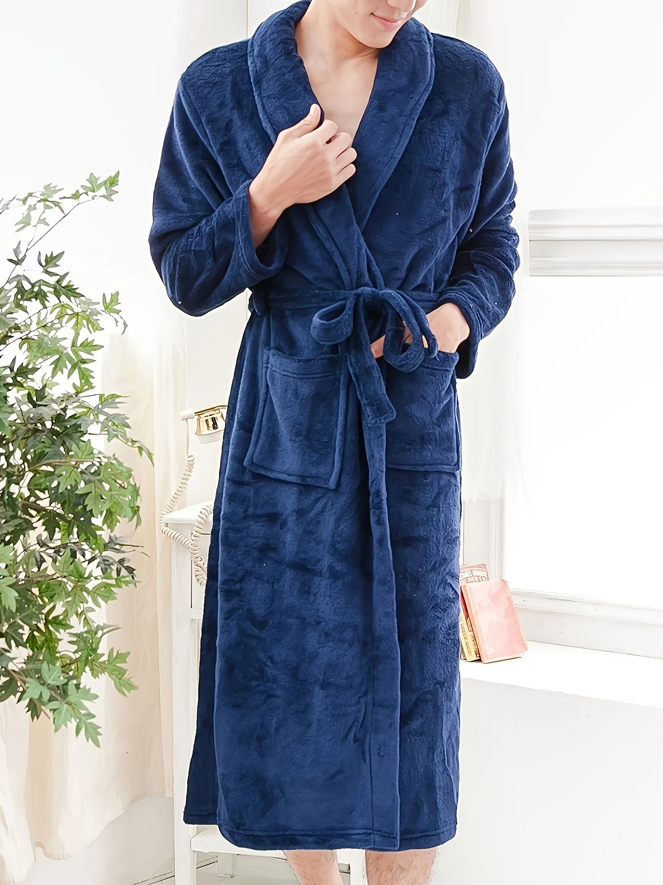 Cozy Mens Solid Fleece Kimono Robe - Luxurious Pajamas Wear with Handy Pockets - Soft Lace-Up Nightrobe Set for Ultimate Warmth After Bath