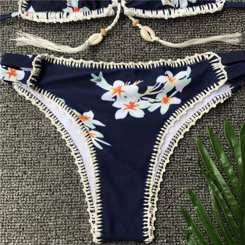 Dark Blue Hand-woven shell with split-body printing bathing suit Low Waist Swimwear-Women