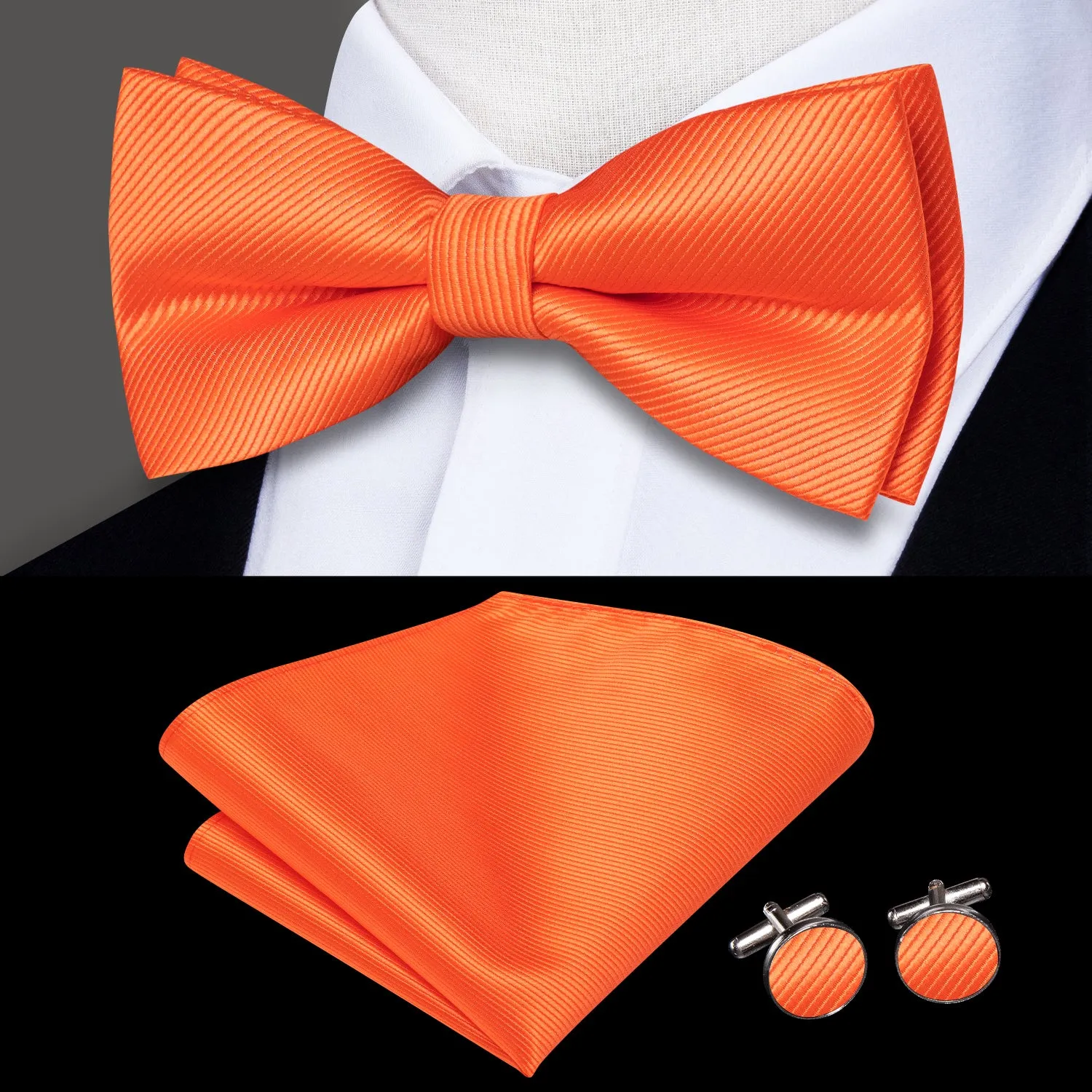 Deep Orange Striped Pre-tied Bow Tie Hanky Cufflinks Set