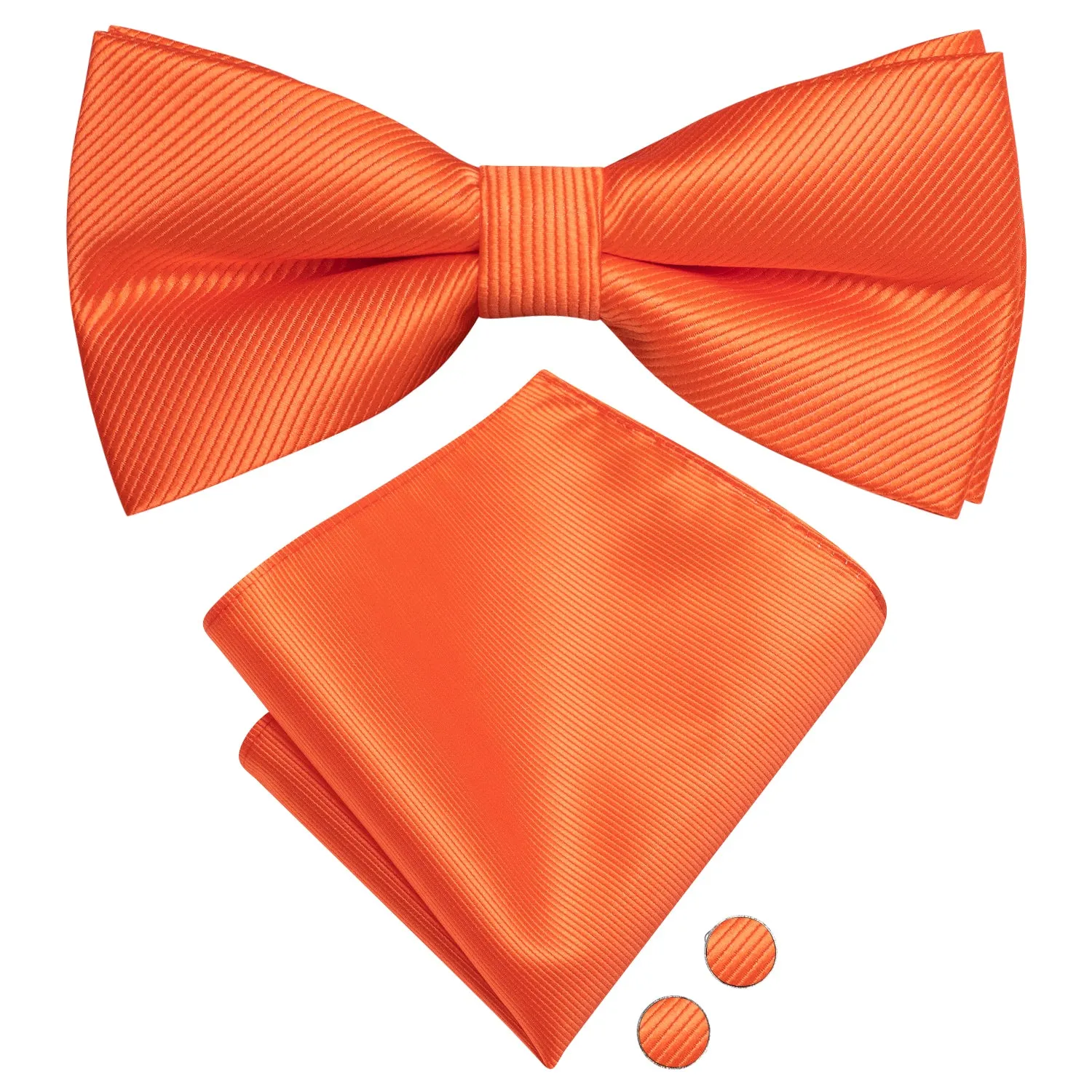 Deep Orange Striped Pre-tied Bow Tie Hanky Cufflinks Set