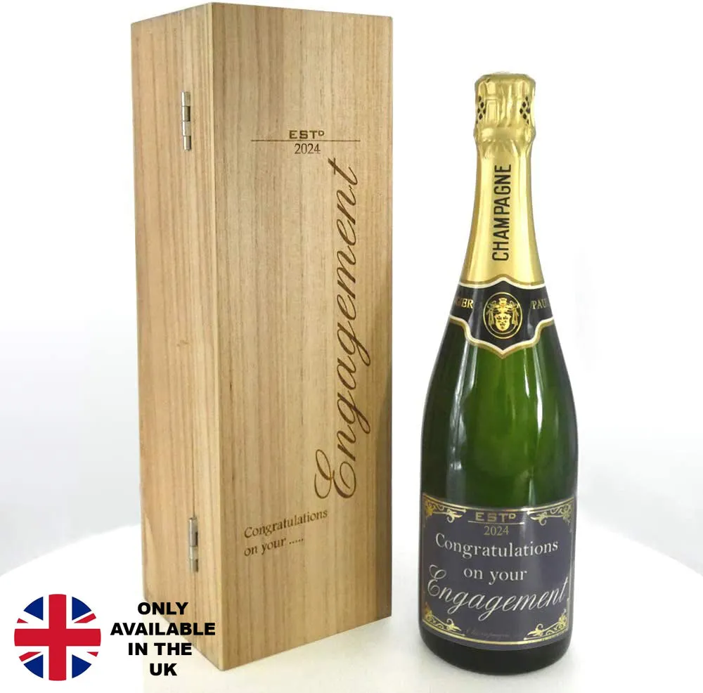 Engagement Gift For Couples Personalised 75cl Bottle of Champagne Presented in an engraved Wooden Box 2024