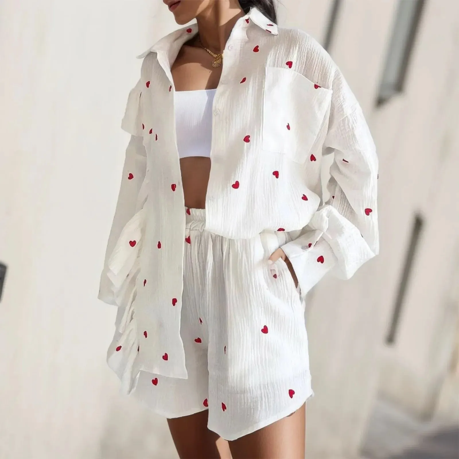 Fashion Colorful Love Heart Print Ruffles Shirt Short Lounge Long Sleeve Cotton Linen Home Women's Set