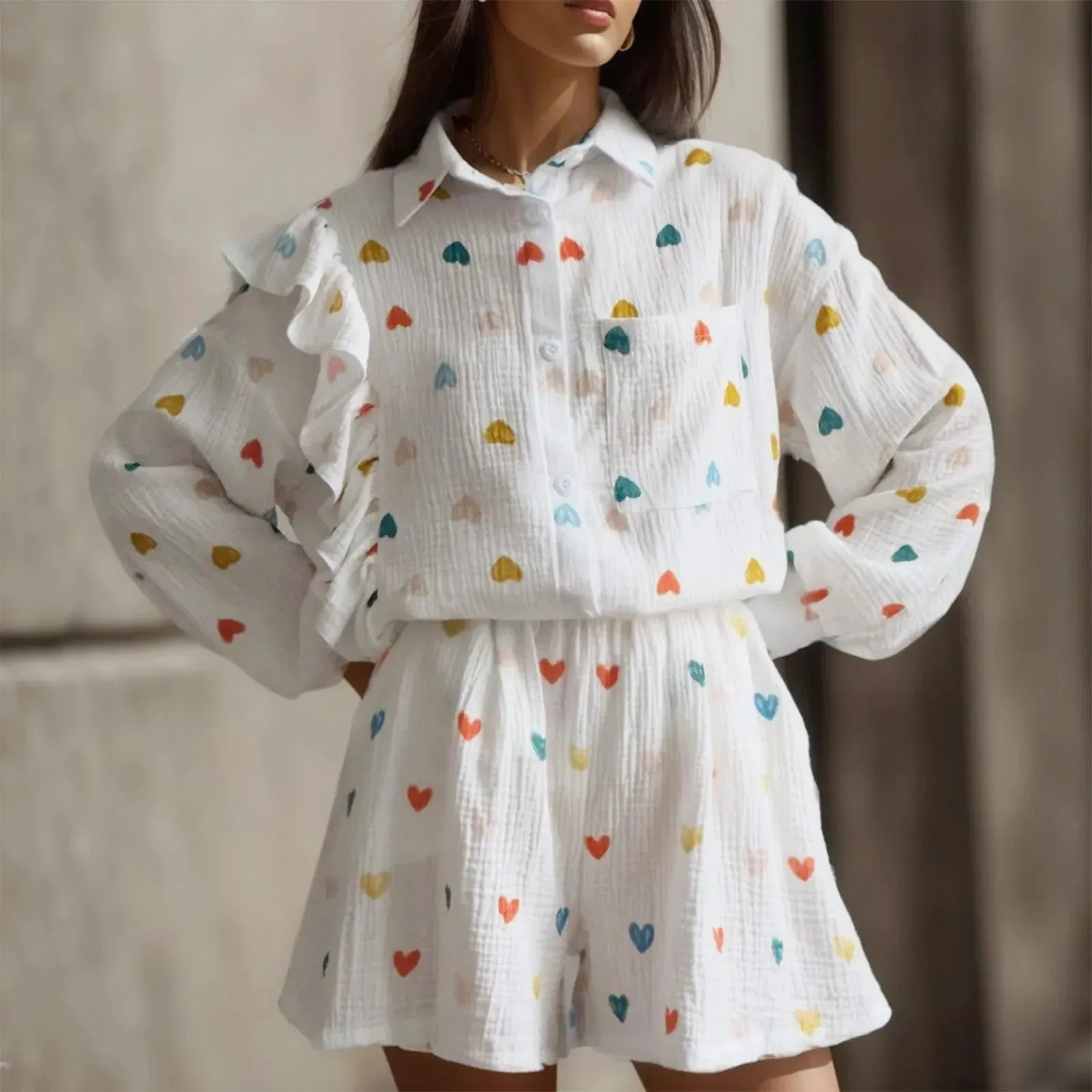 Fashion Colorful Love Heart Print Ruffles Shirt Short Lounge Long Sleeve Cotton Linen Home Women's Set