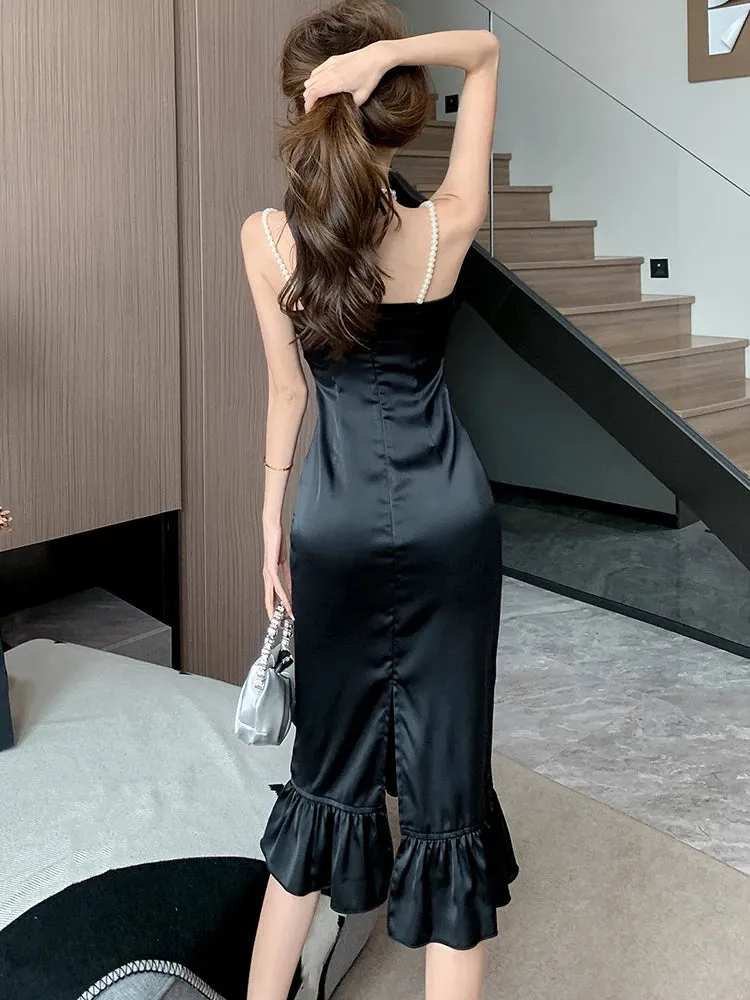 Girlary 2024 New Black Elegant Ruffled Mermaid Dress Women Fashion Chic Beading Sling Sexy Long Dress Spring Autumn Elegant Party Dress