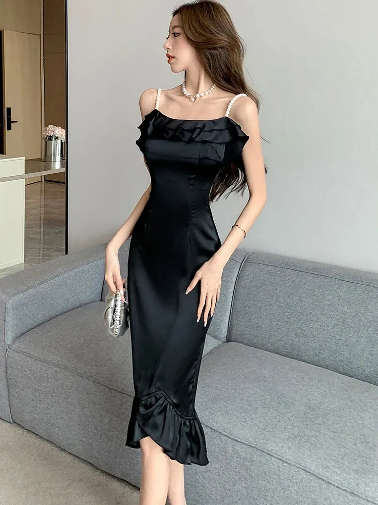 Girlary 2024 New Black Elegant Ruffled Mermaid Dress Women Fashion Chic Beading Sling Sexy Long Dress Spring Autumn Elegant Party Dress